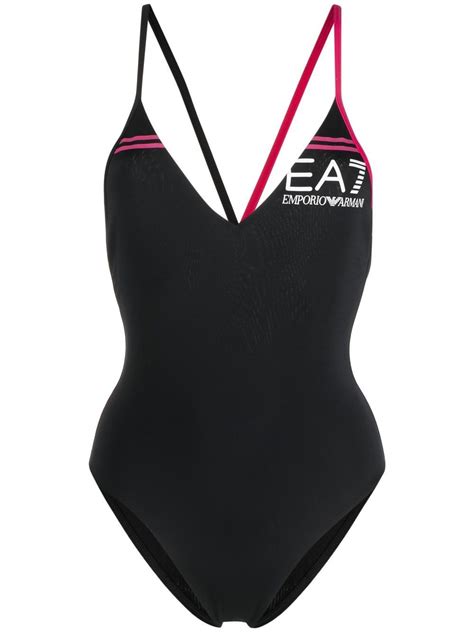 Ea7 Emporio Armani Logo Print Cross Strap Swimsuit Farfetch