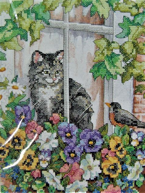 Cat In A Window Stamped Cross Stitch Kit Springtime View By Sunset Kit No 13133 2003 Sealed