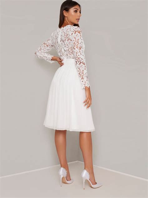 Lace Long Sleeved Midi Dress In White Chi Chi London