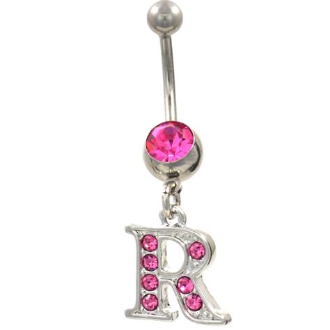 Initial Letter R Pink Gems Belly Button Ring