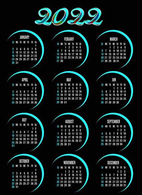 Printable 2022 Yearly Calendar In Black Theme In 2021 Calendar