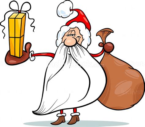 Cartoon Illustration Of Santa Claus With Sack And Christmas Present