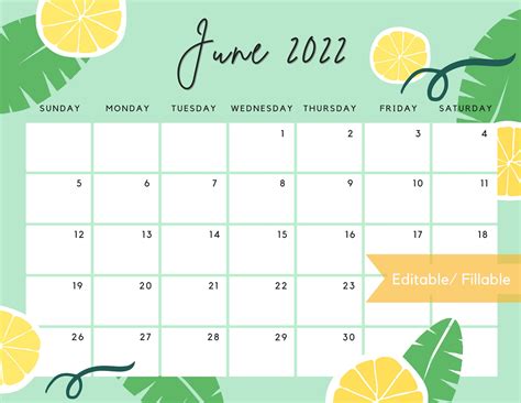 June 2022 Calendar Cute Summer Printable Calendar Editable Etsy
