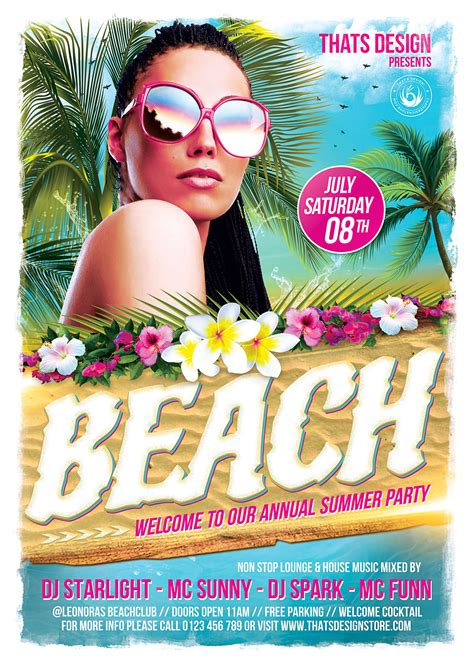 A Beach Party Flyer With A Woman Wearing Sunglasses