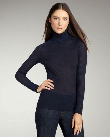 Tory Burch Caleb Sheer Ribbed Turtleneck Navy In Blue Lyst