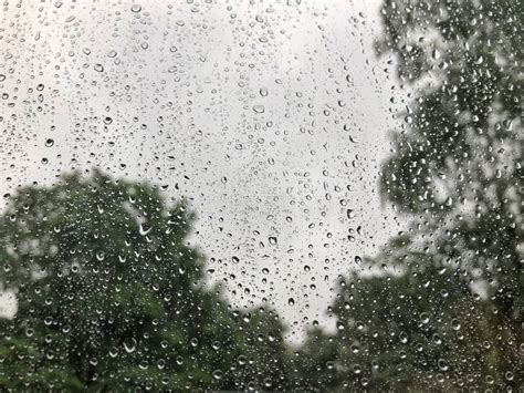 Raindrops On Clear Umbrella Under Overcast Sky In Rainy Day Stock