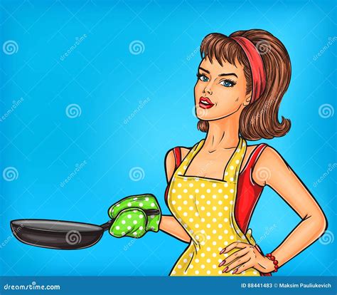 pop art girl in an apron holding a frying pan stock illustration illustration of