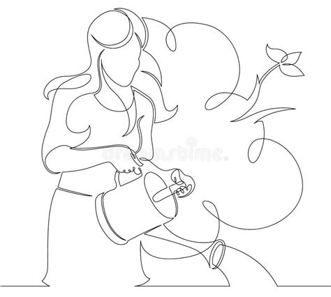 Continuous Single Drawn Line Art Doodle Flower Girl Plant Water