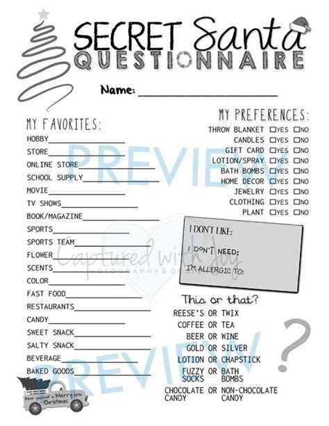 Printable Secret Santa Questionnaire For T Exchange Work Or Personal
