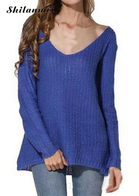 Autumn Winter Loose Knitted Sweater Blue Sexy Thin Pullover Women Tops Slim Long Sleeve Casual