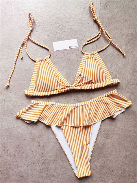 Yellow Ruffle Swimsuit Striped Bikini Cheeky High Waisted Bathing Suits