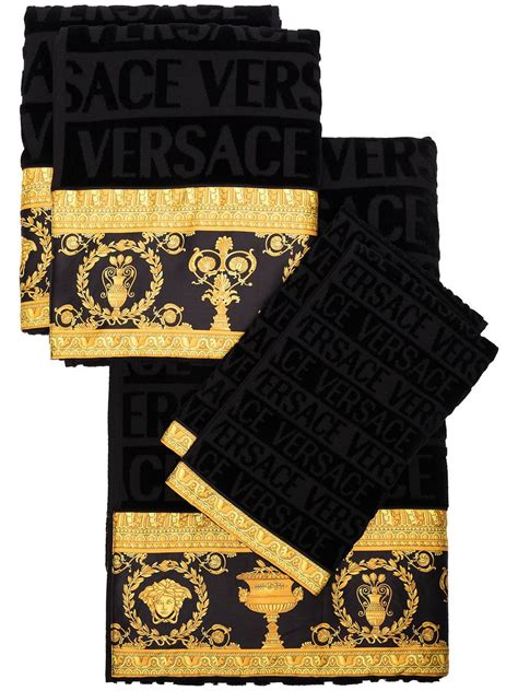 Black Cotton 5 Piece Barocco Towel Set From Versace Featuring Signature