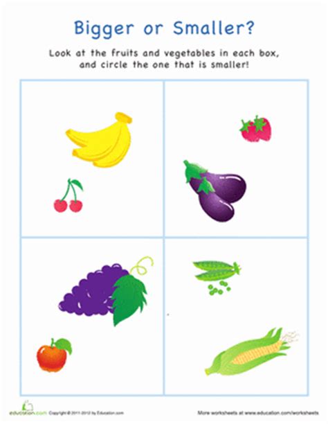 bigger  smaller fruits  veggies worksheet