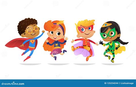 Multiracial Boys And Girls Wearing Colorful Costumes Of Superheroes