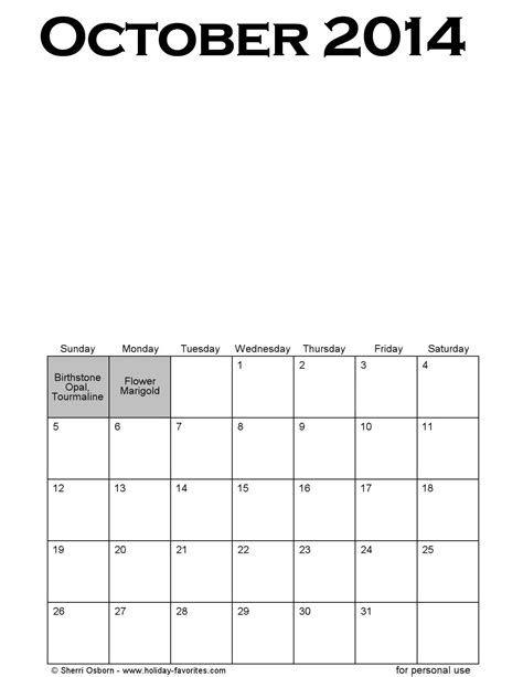 Printable October 2014 Calendars Holiday Favorites September 2014