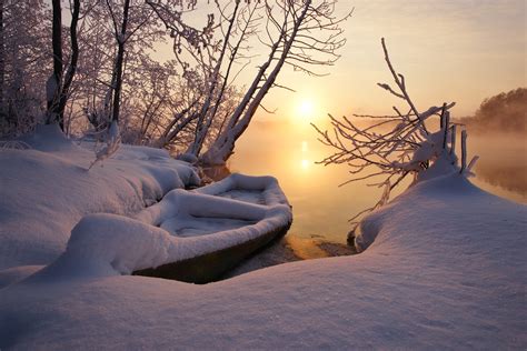 Landscape Nature Winter Sunset Snow Lake Boat Frost