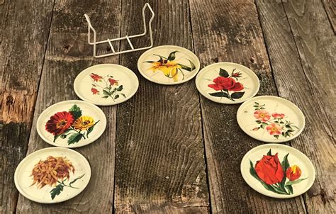 Tin Floral Coasters With Holder Set Of 7 Etsy