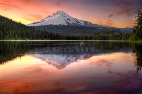 Reflection Of Mount Hood On Trillium Lake Sunset Stock Photo Image Of