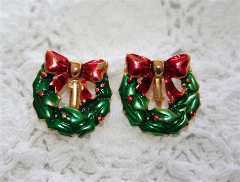 Vintage Christmas Wreath Clip Earrings Enamel Accents On Gold Etsy