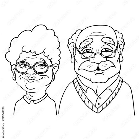 cartoon drawing of an old granny and grandpa wearing glasses vector character outline doodle