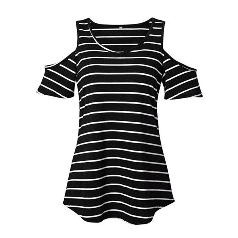 Pretty Comy Women Summer Round Neck Striped Short Sleeve T Shirt Black L