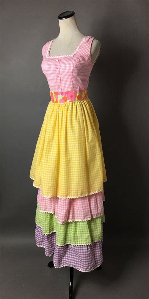Vintage 70s Dress 1970s Dress Gingham Dress Rainbow Dress