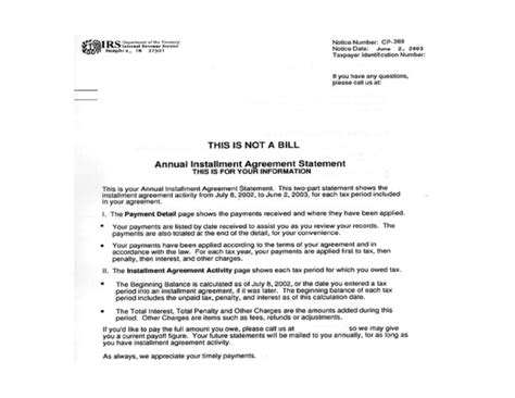Irs Cp 289 Annual Business Installment Agreement Statement