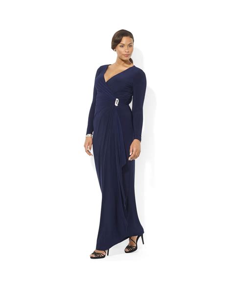 Lauren By Ralph Lauren Long Sleeve Jersey Gown With Brooch In Blue Lyst