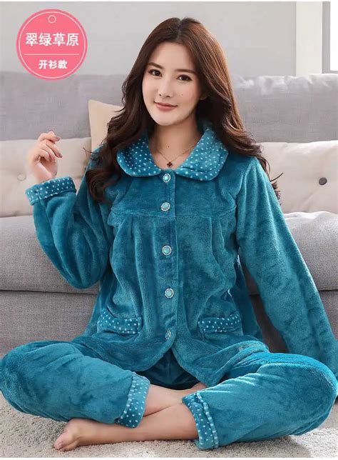 warm flannel pajamas set for women thick coral velvet long sleeve panamas sets nightgown
