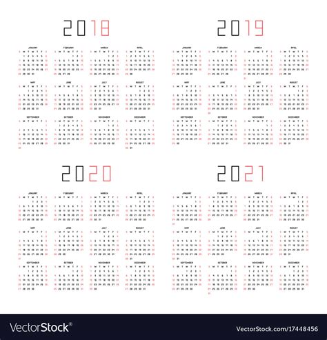 Calendar 2018 2019 2020 2021 Royalty Free Vector Image