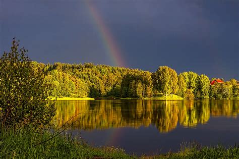 Sunset Lake Trees Clouds Rainbow Landscape Autumn