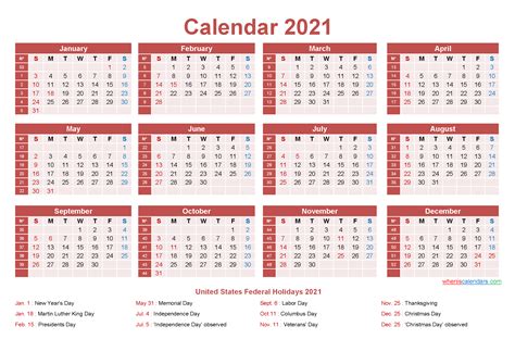 Free Yearly 2021 Calendar With Holidays Word Pdf