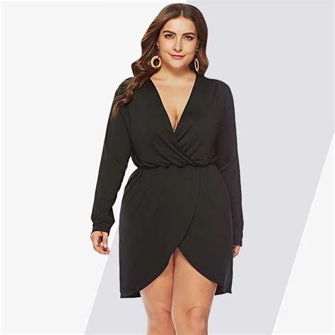 Wipalo Plus Size Women Dress Sexy Plunge Neck Long Sleeve Solid Color High Low Dresses Casual