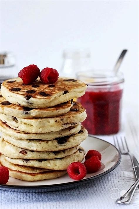 Ambrosia Buttermilk Chocolate Chip Pancakes With Raspberry Sauce