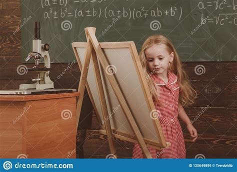Cute Girl Artist Painting Picture On Canvas On Easel Little Child