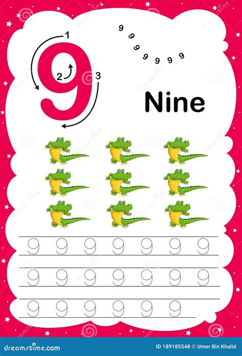 Colorful Number Nine Daily Tracing Printable A4 Practice Worksheet With