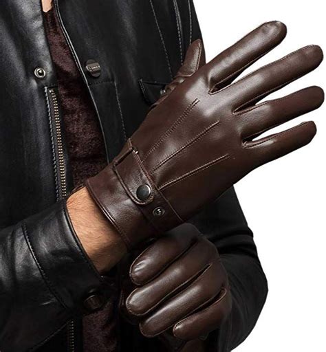 Mens Warm Lambskin Genuine Leather Gloves For Men Winter Driving Brown