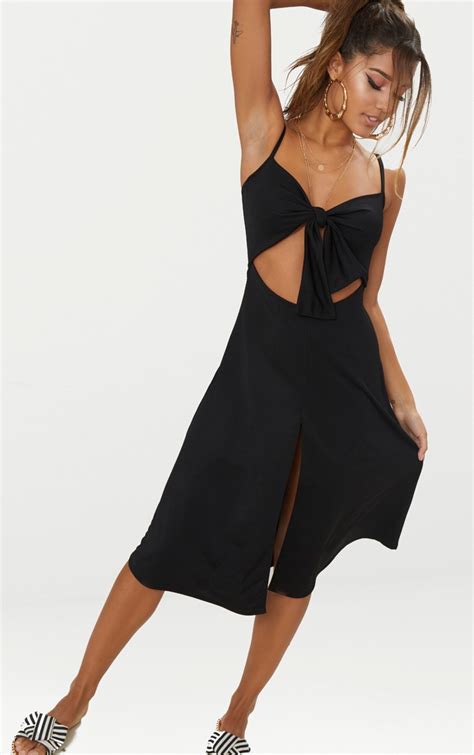 Black Tie Front Strappy Swing Dress Dresses Prettylittlething Aus