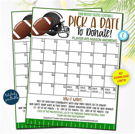 Football Pick A Date To Donate Printable Fundraiser Template — Tidylady
