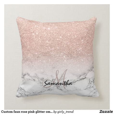 Custom Faux Rose Pink Glitter Ombre White Marble Throw Pillow