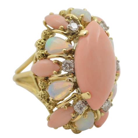 Antique coral cameo ring 10k yellow gold size 5 jewelry victorian lady (id651). Angel Skin Coral Opal Gold Ring For Sale at 1stdibs