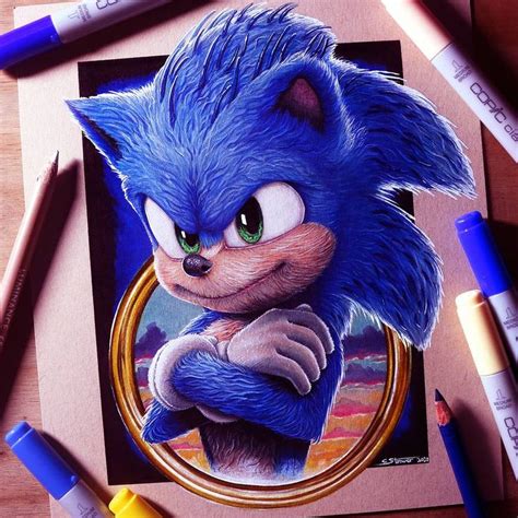 A Drawing Of Sonic The Hedgehog In Colored Pencils