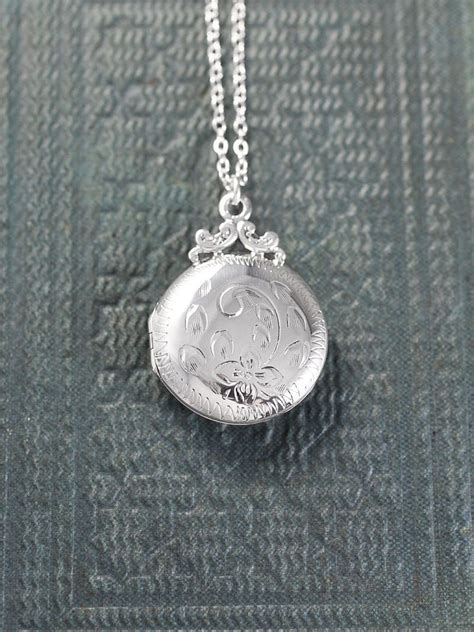 Round Sterling Silver Locket Necklace Engraved Floral Photo Pendant Love Always