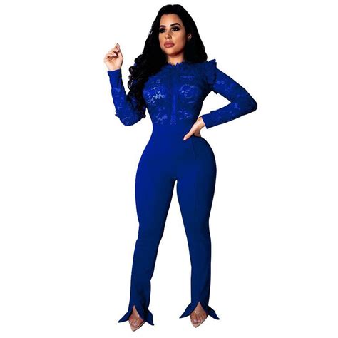 Sexy Women See Through Lace Jumpsuit Long Sleeve High Waist Party Jumpsuit Elegant Skinny Long