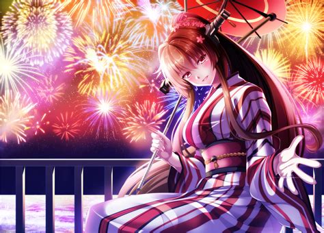 Anthropomorphism Brownhair Fireworks Japaneseclothes Kantai