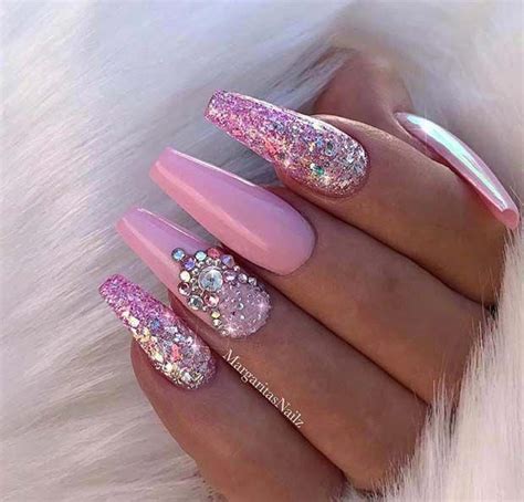 Pink Glitter And Rhinestone Nail Design For Coffin Nails