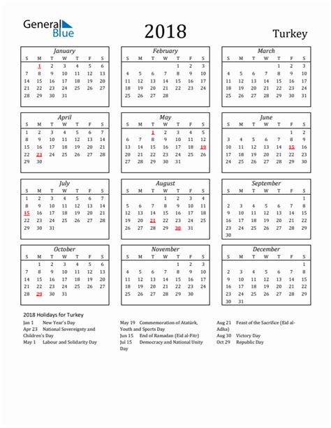 Free Printable 2018 Turkey Holiday Calendar