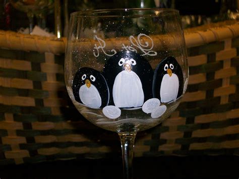 Hand Painted Penguin Wine Glasses Set Of 4 Painting Glassware Painted Wine Glass Christmas