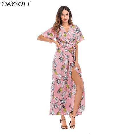 Daysoft New Sexy Maxi Dress V Neck Summer Dress 2018 Pineapple Floral Printed Dresses Slim Women
