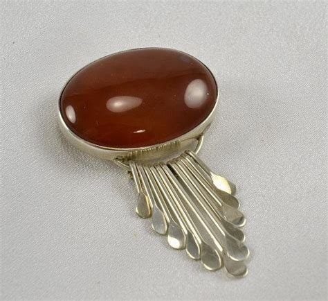 Mexican Sterling Carnelian Cabochon Brooch Pendant Hammered Matchst